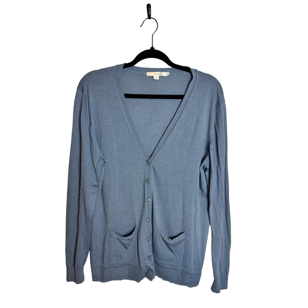 Boden Wool Silk Cardigan 10 Blue Button Front V-Neck Lightweight Luxury Knit